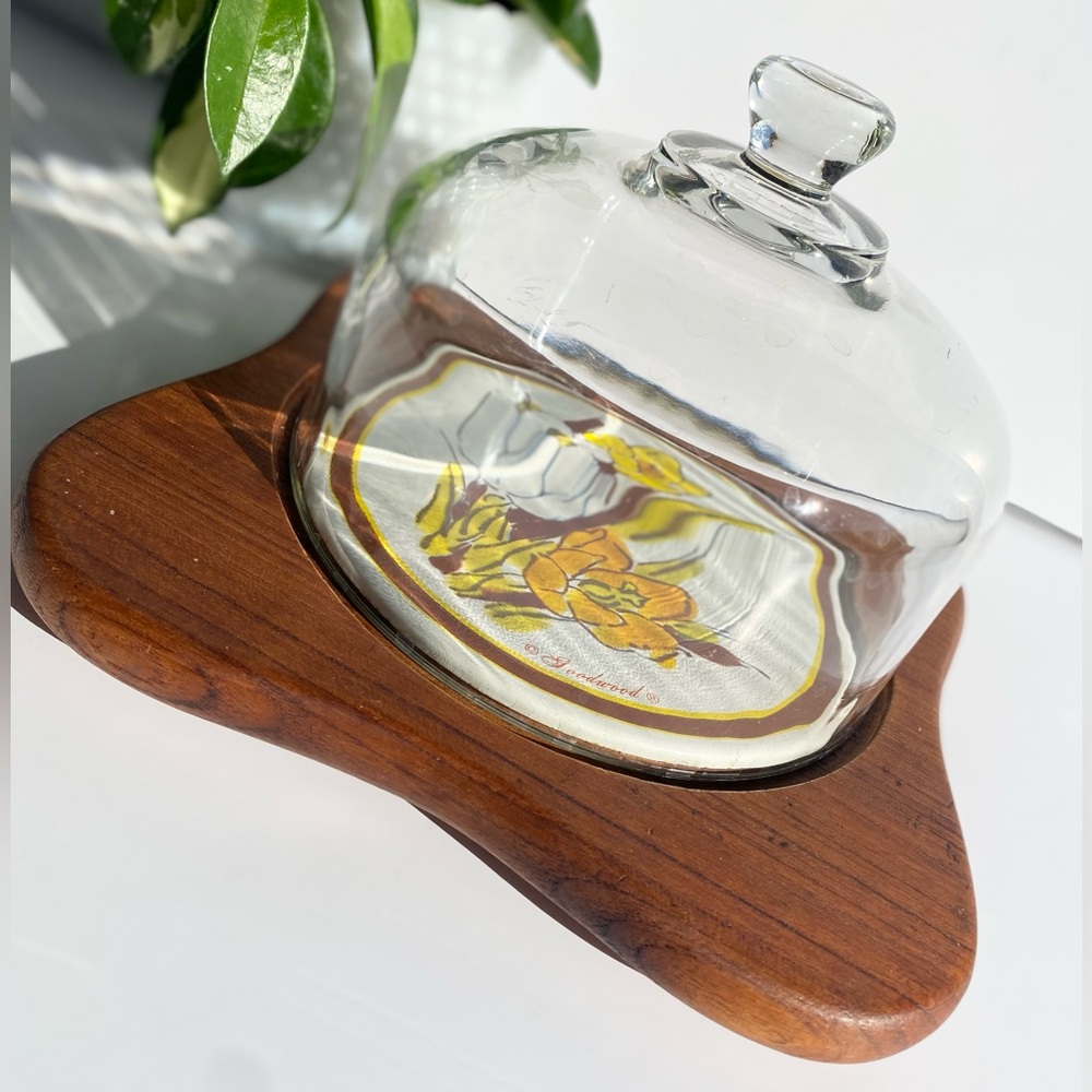 Genuine Teak Vintage Cheese Board Goodwood Glass Dome 60s Ceramic Tile Cloche